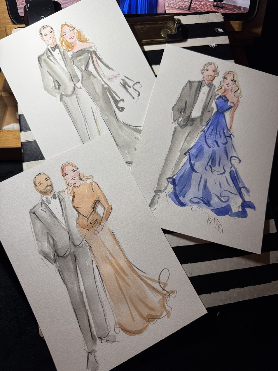 Three watercolor-style couple portraits in formal clothing displayed together